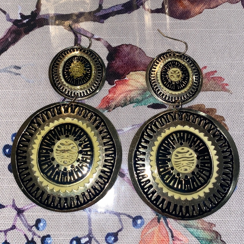 Black and Gold Circular Dangle Earrings